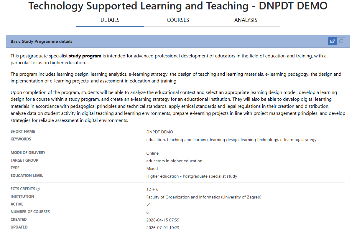 Study programme details tab showing basic details and learning outcomes