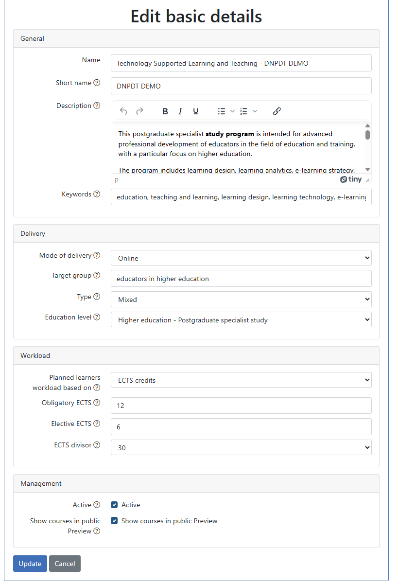 Edit basic study programme details form