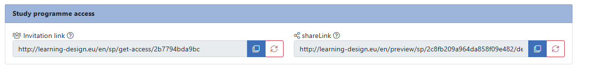 Study programme access panel with invitation link and share link