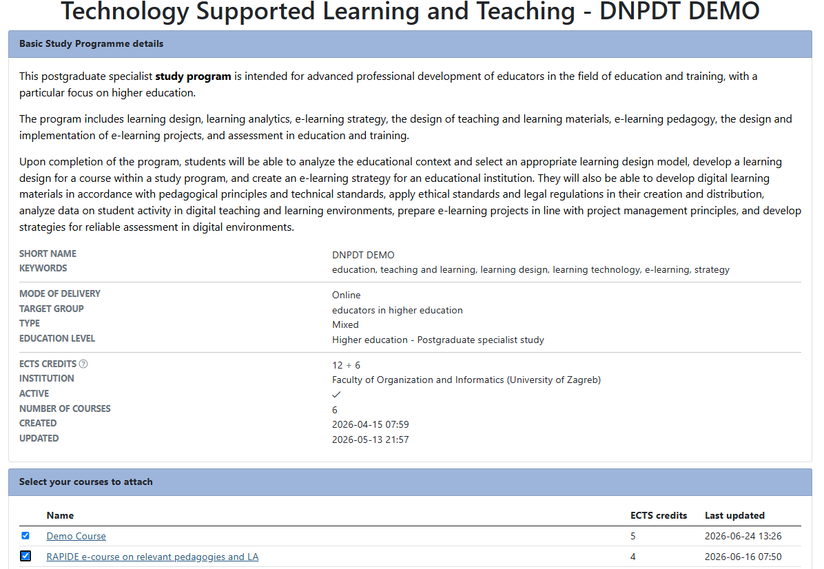 Teacher view for selecting courses to attach to a study programme