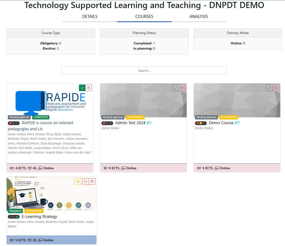 Courses tab showing pending approval buttons and course cards